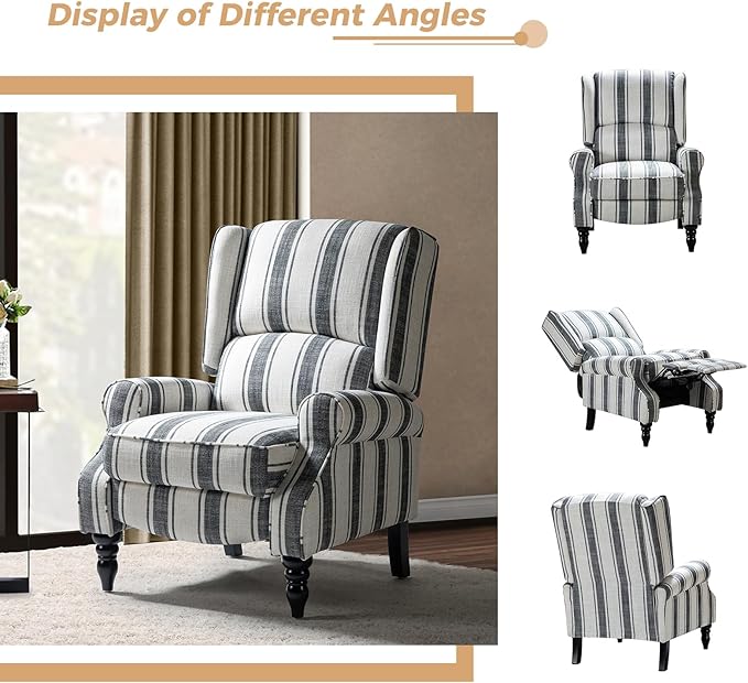 HULALA HOME Upholstered Wingback Recliner Chair Small Adjustable Footrest Push Back Single Reclining Sofa Mid Century Modern Lounge Armchair for Living Room Bedroom Reading/Stripe Black