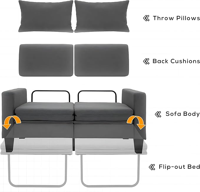 6 in 1 Multifunctional Sofa Bed 58 Convertible Pull Out Couch Loveseat Sleeper w/Removable Backrest Foldable Mat Storage Pockets &amp 2 Pillows Modern Folding Linen Sofas for Small Spaces Gray