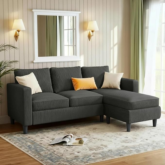 JAMFLY 3-Seat Reversible L-Shaped Sectional Sofa with Convertible Ottoman Modern Upholstered Fabric Couch for Small Living Rooms Apartments &amp Studios Grey