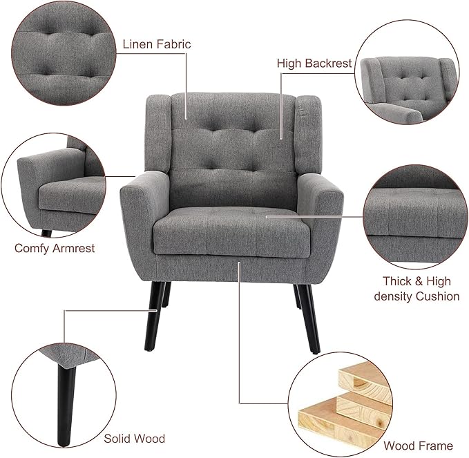 SSLine Linen Accent Arm ChairMid-Century Modern Upholstered Wingback Single Sofa Armchair Club Chair with Solid Wood Legs Thick Cushion for BedroomReadingLiving Room Chair (Light Grey)