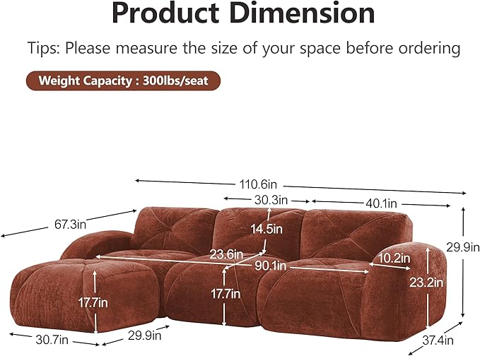110.6 L Shaped Boneless Couch Modern 3 Seater Modular Sectional Sofa Convertible Velvet Modular Cloud Sofa with Ottoman &amp Deep Seat Free Combination Upholstered Couches for Living Room Red