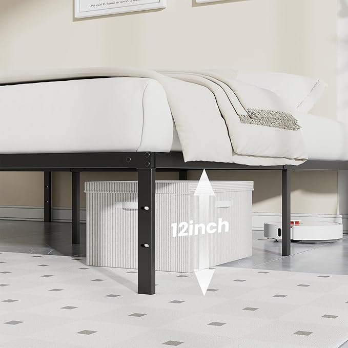 Sweetcrispy Queen Size 12 Inch Platform Bed Frame Heavy Duty Metal Foundation Frame Noise-Free Sturdy Steel Slats Underbed Storage No Box Spring Needed Quick Setup