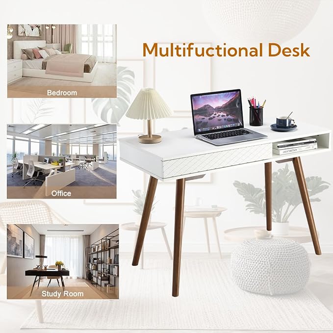 GarveeHome 42 in Mid Century Home Office Writing Desk Modern Simple Computer Desk with Drawer and Open Storage Cubby Small Vanity Table Desk for Bedroom White