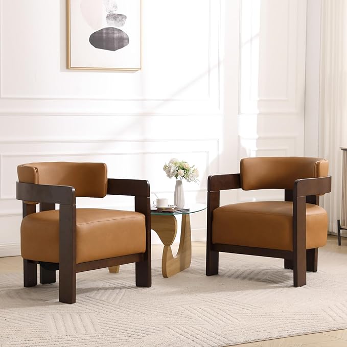 EALSON Barrel Accent Chair Modern Comfy Living Room Chair with Wooden Legs Mid Century Leather Upholstered Lounge Reading Armchair for Bedroom/Indoor Reading Nook/Corner/Office Brown