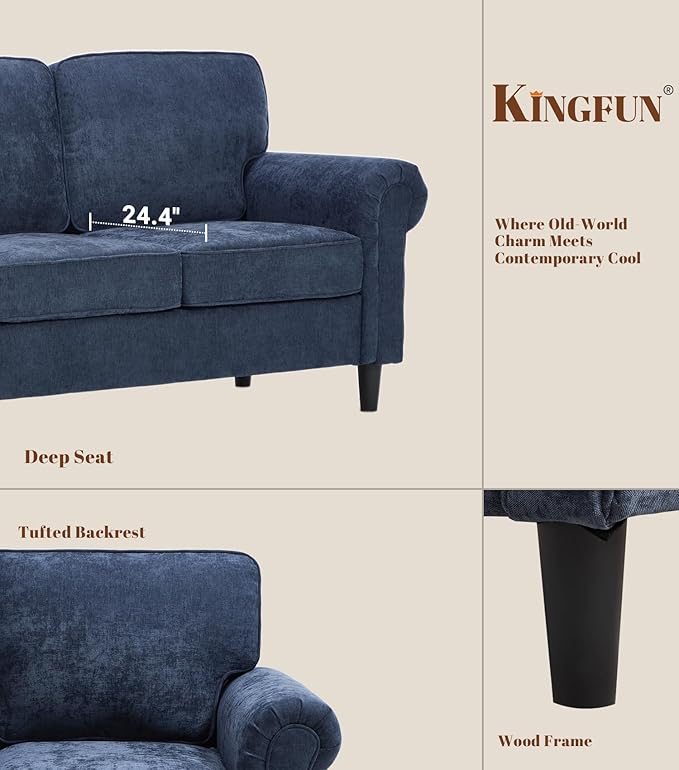 Kingfun Loveseat 2 Seater Couch Mid Century Modern Chenille Sofa with Rolled Arms and Deep Seats Fluffy Comfort for Living Room Apartment Easy Assembly Blue