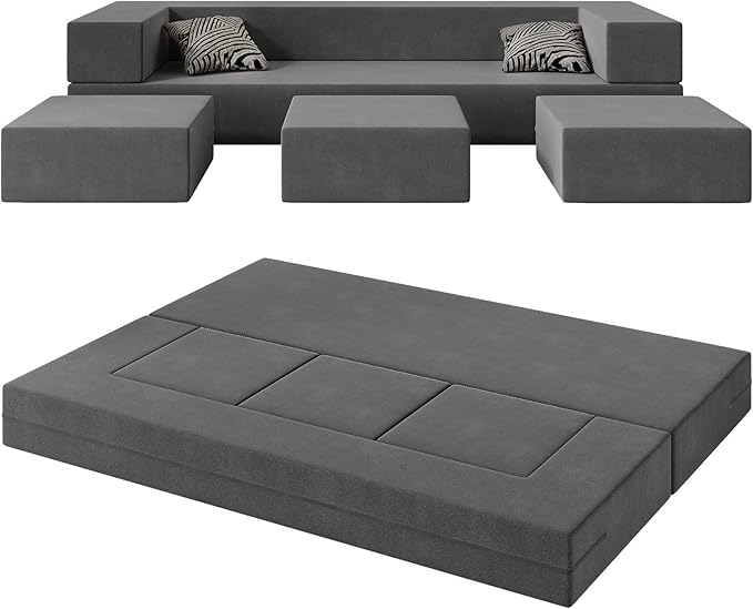 Queen 80 Folding Bed Couch Convertible Velvet Memory Foam Sofa Bed with Removable Velvet Cover3 OttomansFloor Sofa Sleeper Mattress For Guest Office Living Room Deep Blue (Deep Grey)