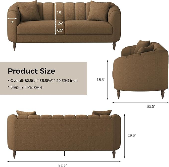 82 Inch Loveseat Sofa Modern Couch and Sofa Curved Petal Design Furniture Sturdy and Easy Installation Small Sofa for Living Room Bedroom Office and Apartment Terry Fleece Fabric Brown