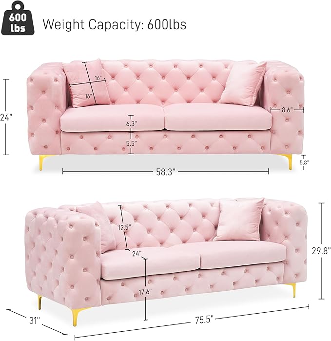 75 Sofa Couch Mid Century Modern Velvet Couch Tufted Button Sofa High Armrest &amp Metal Gold Legs Luxury Chesterfield Decor with 2 Piilows Comfy Loveseat for Living Room Pink