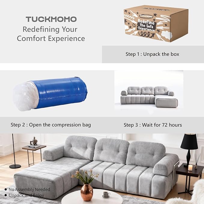 Modular Sectional Sofa with Chaise 104.33 L-Shape Boneless Couch with Pillows and Side Pockets 3-Seater Sectional Couches for Living Room Bedroom Chenille Fabric Grey
