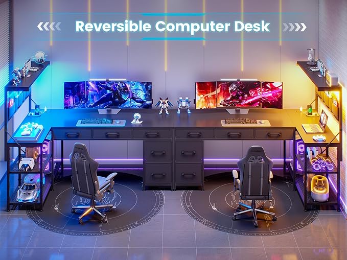 SEDETA L Shaped Gaming Desk 47.2 Reversible Small Computer Desk with 5 Drawers and Storage Shelves Corner Gaming Desk with LED Lights and Power Outlet Black
