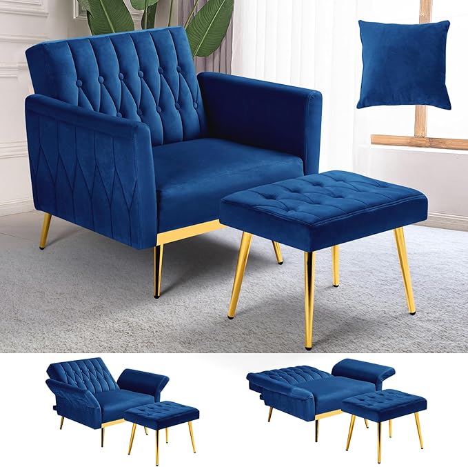 Velvet Accent Chair with Adjustable Armrests and Backrest Button Tufted Lounge Chair Single Recliner Armchair with Ottoman and Pillow for Living Room Bedroom Blue