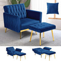 Velvet Accent Chair with Adjustable Armrests and Backrest Button Tufted Lounge Chair Single Recliner Armchair with Ottoman and Pillow for Living Room Bedroom Blue