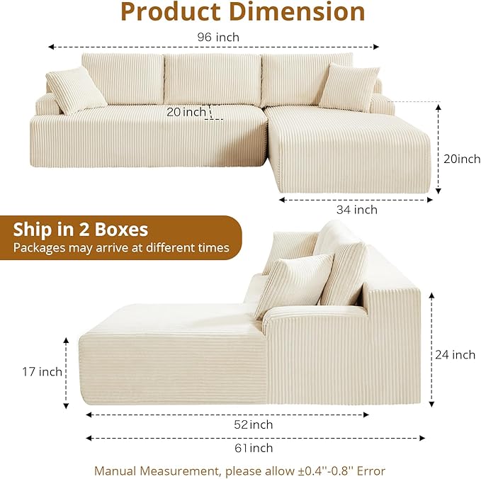 96” Modular Sectional Sofa Couches l-Shape Couch 3 Seat Modular Sofa Memory Foam Sectional Couches for Living Room Cloud Couch with Oversized Chaise (Beige Right Facing Chaise)