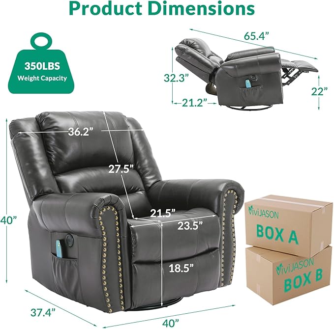 VIVIJASON Massage Swivel Rocker Recliner Chair with Heat &amp Vibration 360° Swivel Manual Glider Rocking Reclining Chair with Remote Control Side Pockets &amp USB Ports for Living Room Gray