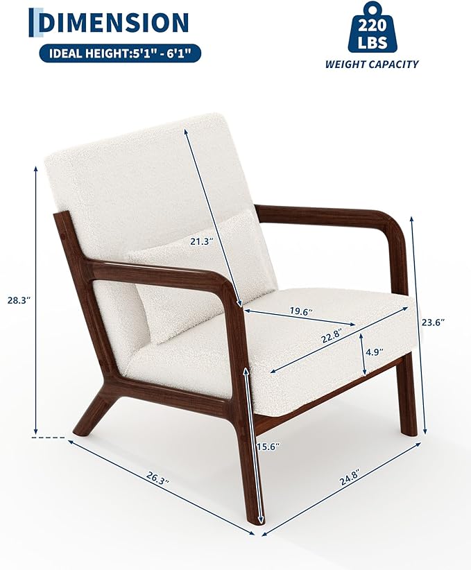 GarveeHome Mid-Century Accent Chair Cozy Sherpa Reading and Lounge Armchair with Lumbar Pillow Modern Wood Frame for Living Room Bedroom Office Beige
