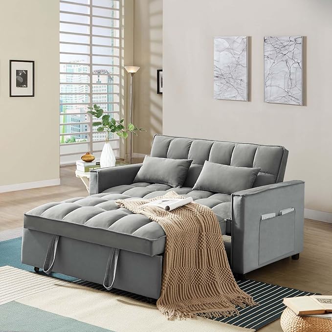 3 in 1 Convertible Sleeper Sofa Couch with Pull Out Bed55 Velvet Upholstered Futon Sofa BedModern Loveseat Sleeper Chaise with Adjustable Backrest for Living Room Guest Room Apartment(Grey)