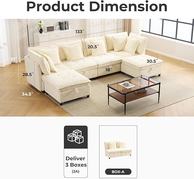 133 Modular Sectional Sofa L-Shaped Corduroy Comfy Sectional Couches for Living Room 3-Seater Cloud Couches with 1 Ottoman Modern Deep Seat Sofa with Large Storage Corduroy Beige