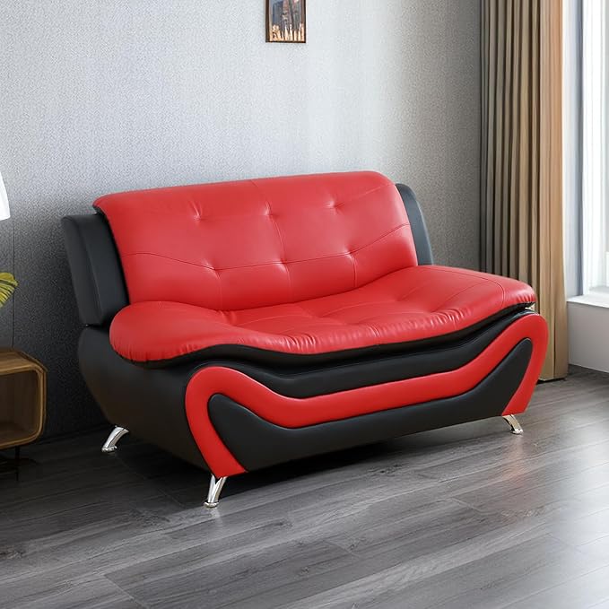 Modern Loveseat Sofa Red Faux Leather Loveseat Couch 2 Seater Sofa 62 Inch Couch Button Tufted Seat Cushion Sectional Couches Living Room Furniture Sets