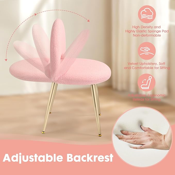 Vanity Chair with Adjustable Backrest Boucle Upholstery Armless Makeup Stool Gray Sherpa Vanity Stool with Gold Metal Legs for Bedroom Living Room Kitchen Dinning Room (Pink)