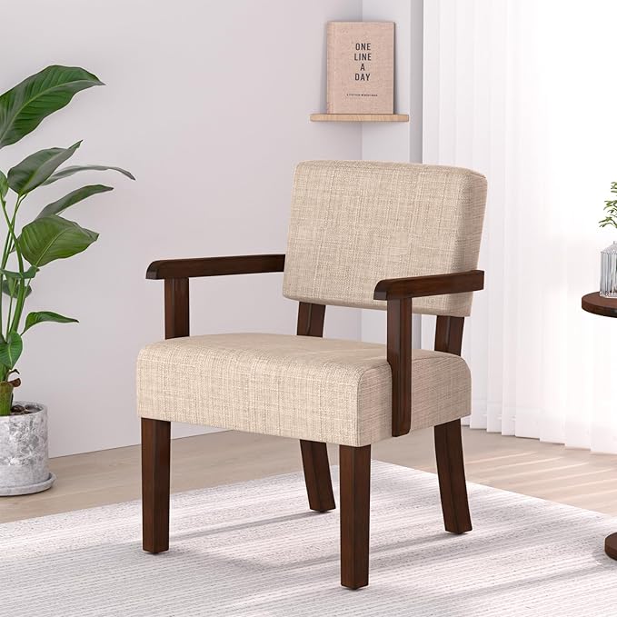Accent ChairArmchairs with Solid Wood Frame and LegsUpholstered Reading Leisure Chair for BedroomOfficeWaiting Room (Linen Beige One Chair)