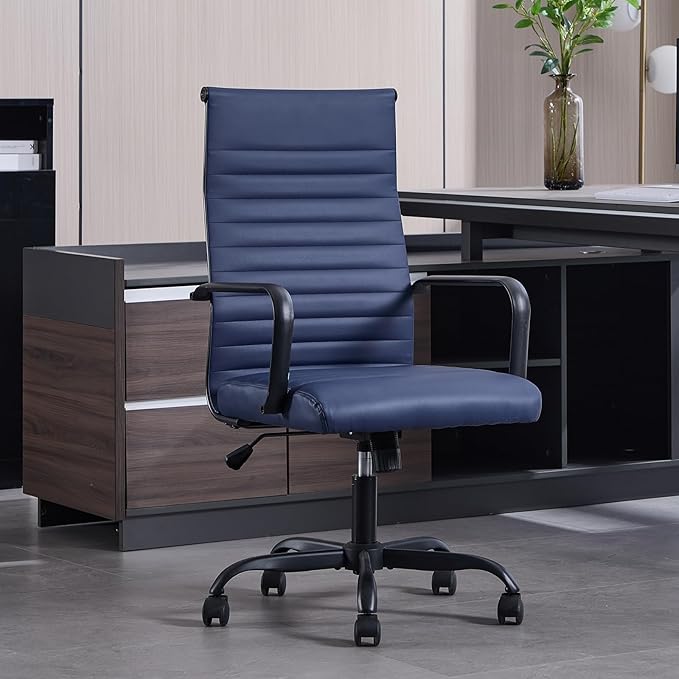 Office Chair Ergonomic Executive Conference Room Chairs Ribbed Leather Desk Chair with Lumbar Support Adjustable Height Mid-Back Swivel Chair with Padded Seat