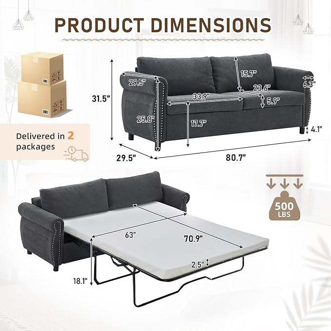 Pull Out Sofa Bed with Mattress Included Convertible Futon Oversized Chenille 3 Seater Loveseat Sleeper Sofa Couch Bed with Rivet Decoration &amp Rolled Arms for Guest Room Office Living Room Dark