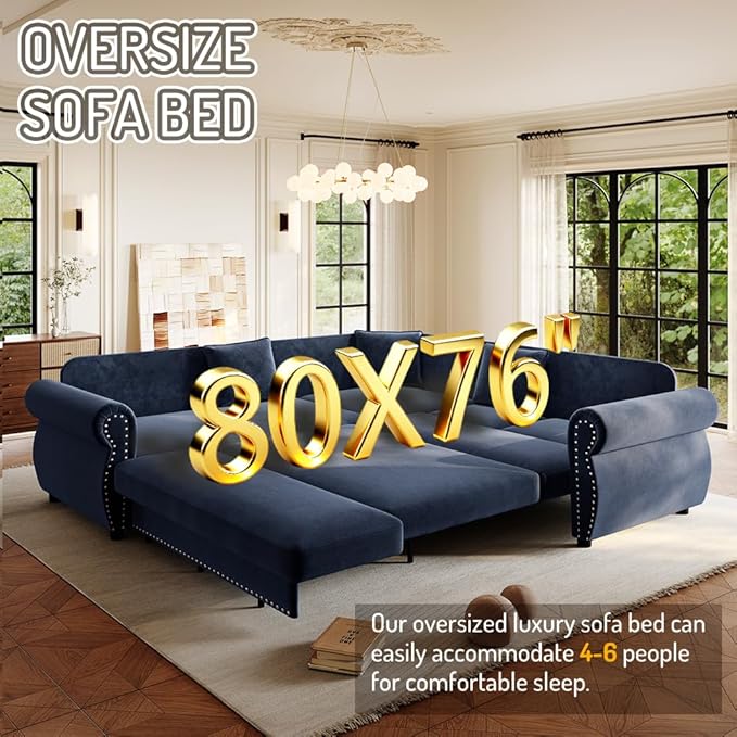 88 L Shaped Sectional Sleeper Sofa Couch with Pull Out Bed Oversized Chenille Convertible Sectional Couches with Nailhead Trim &amp Rolled Arm for Living Room Removable Sofa CoverBlue