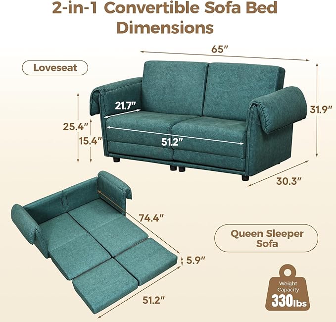 FHFO Convertible Couch Bed Queen 65 Loveset Small Couch for Small Spaces 3 in 1 Pull Out Sofa Bed Convertible Sleeper Sofa Comfy Sofabed for Living Room Bedroom Apartment (Green)