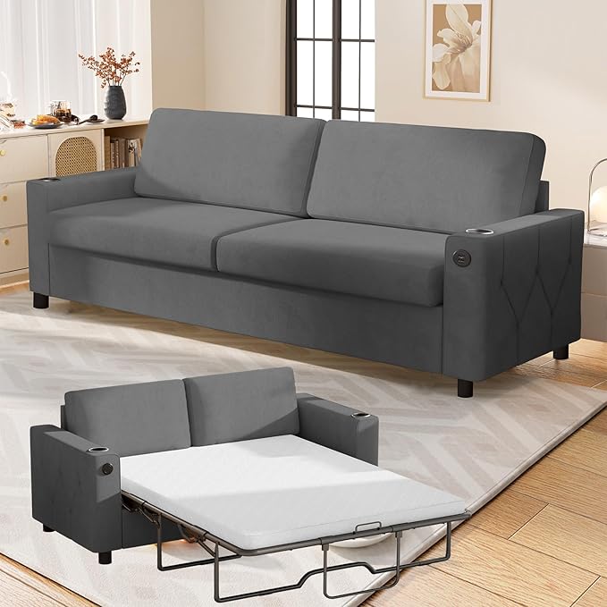 80'' Pull Out Sofa Bed 2 in 1 Sleeper Sofa with Cup Holder &amp USB Charging Ports Queen Size Guest Bed with Memory Foam Mattress Convertible Couch for Small Spaces - Dark Grey