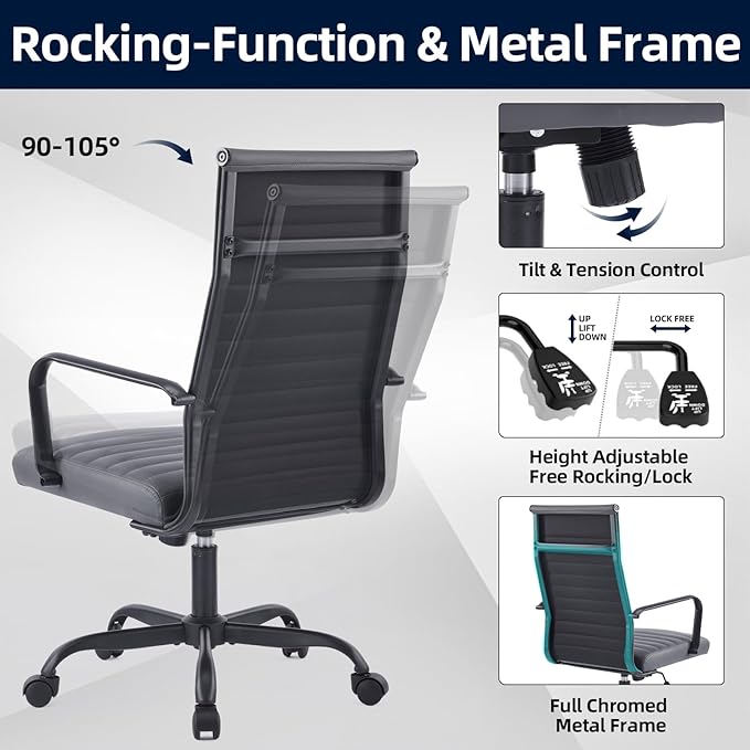 Office Chair Ergonomic Executive Conference Room Chairs Ribbed Leather Desk Chair with Lumbar Support Adjustable Height Mid-Back Swivel Chair with Padded Seat