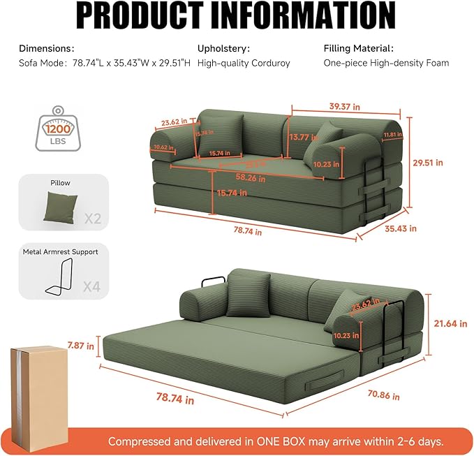 78.8 Boneless Memory Foam Couch Corduroy Convertible Floor Sofa Bed Fold-Out Sleeper Futon Loveseat Wide Armrests &amp Supportive Back 1200 lb Couch in a Box 2 Pillows Light Green
