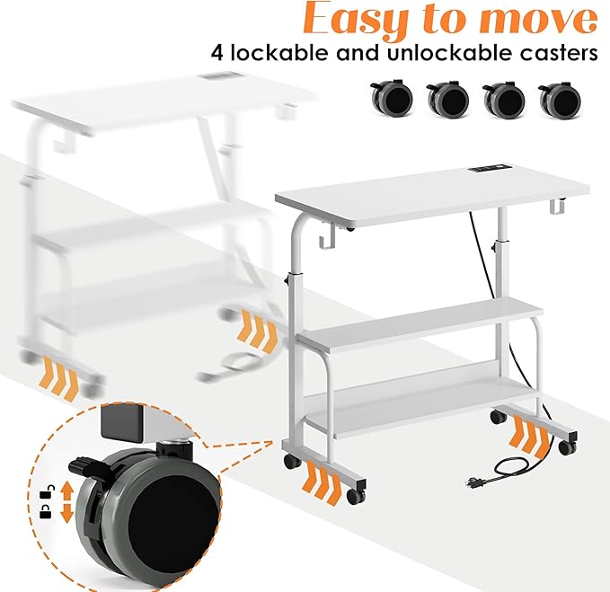 soges Height Adjustable Desk with Charging Station Mobile Computer Workstation with 2 Storage Shelves Small Rolling Desk on Wheels for Home Office White