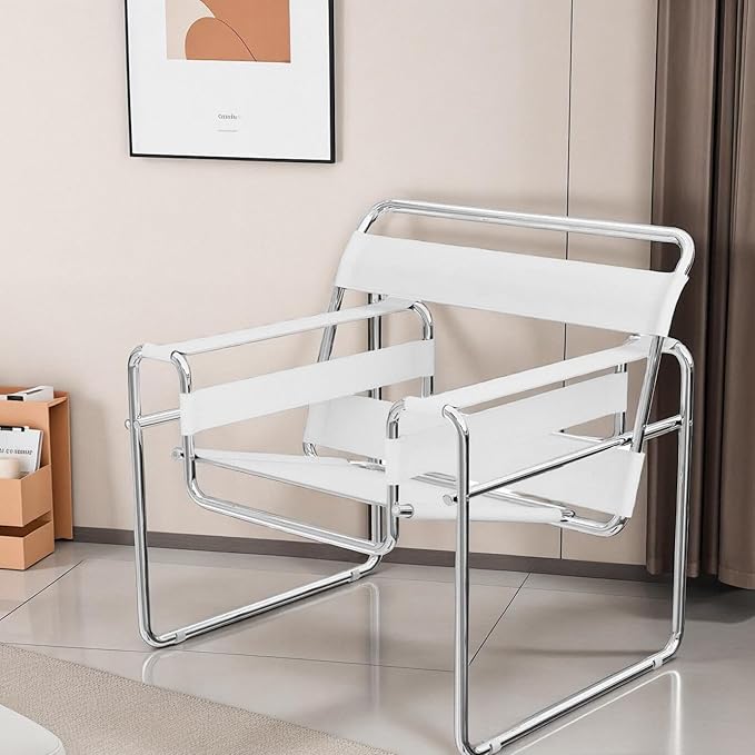 FULOL Saddle Leather Armchair Mid-Century Modern Accent Chair Studio Chair Stainless Steel Frame for Living Room Bedroom Office Studio White
