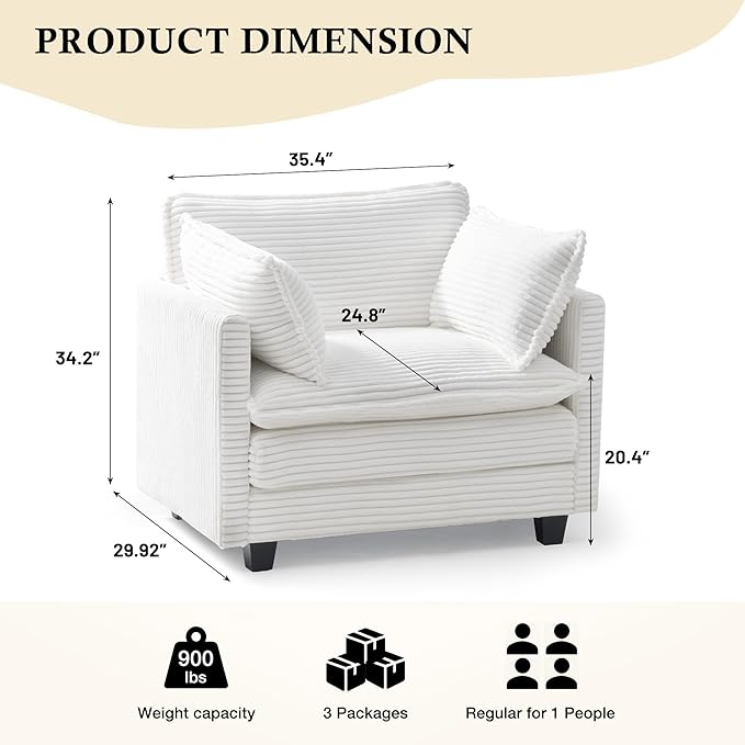Polar Aurora Oversized Modular Sectional Sofa Chair Deep Seat Armchair Upholstered Couch 2 Armrest Pillows Single Sofa Modern Corduroy Sofa for Living Room Bedroom Apartment Office