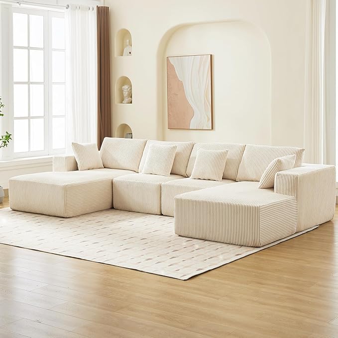 Sectional Cloud Boneless Couch 137 Modern Comfy U-Shaped No Assembly Required Convertible Compression Sleeper Modular Sofa with Corduroy Fabric Deep Seat Single + Chaise for Living Room