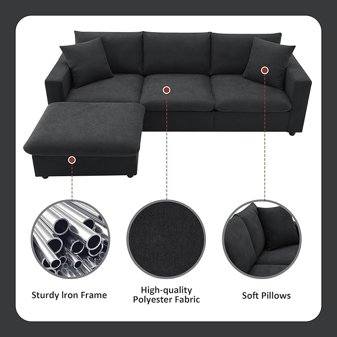 Modular Sectional Sofa for Living Room Modern L Shaped Cloud Couch with Ottoman Small Sectional Couch with Chaise Comfy 3 Seater Sofa for Small Spaces Apartment Black