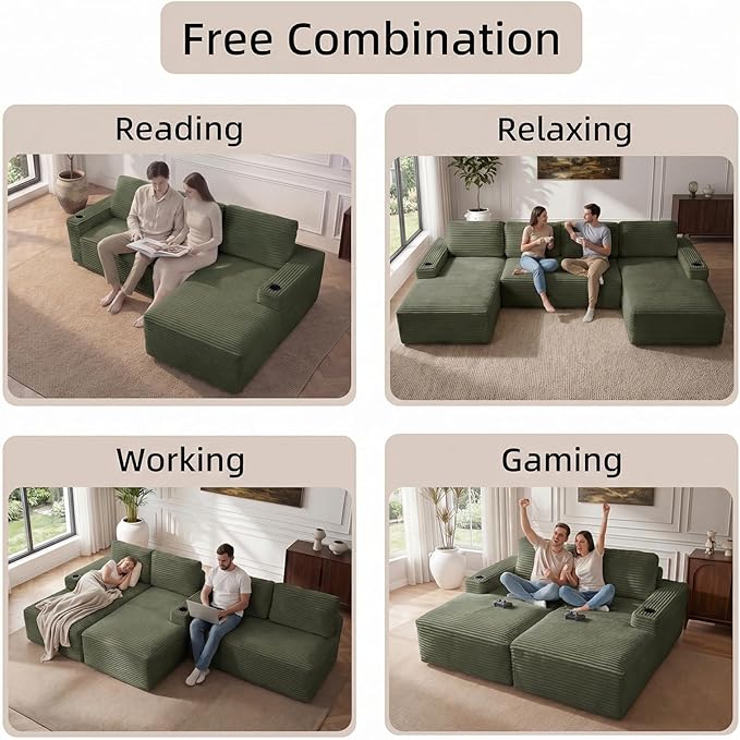 134 Modular Sectional Sofa Cloud Sectional Couch with Deep Seats Built-in Cup Holders &amp Side Pockets Upholstered Boneless Modern Modular Corduroy Sofa Couch with Chaise for Living Room Bedroom