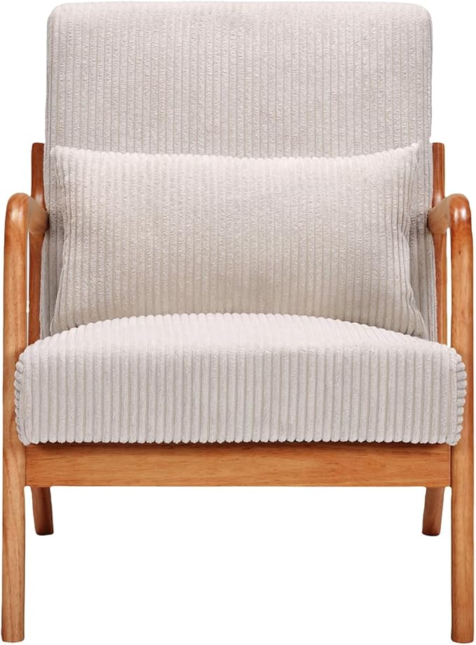 GDFStudio Aogex Accent Chair Corduroy Club Chair Upholstered Armchair Solid Wood Single Sofa Lounge with Armrest Comfort Seating with Lumbar Support for Reading Living Room Home Rest Beige+Teak