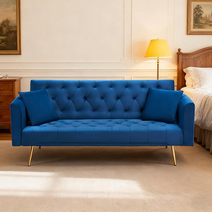 71 Velvet Futon Sofa Bed Convertible Sleeper Couch with 2 Pillows - Modern Loveseat Small Sofa 3-Angle Adjustable Backrest Golden Metal Legs for Living Room Bedroom Apartment Easy Assembly (Blue)