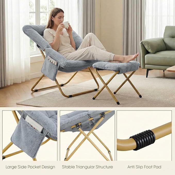 Folding Saucer Chair Comfy Reading Chair with Ottoman Plush Faux Fur Lounge Chair for Small Space Bedroom Dorm Living Room X-Large Lazy Chair for Adults Teens Kids