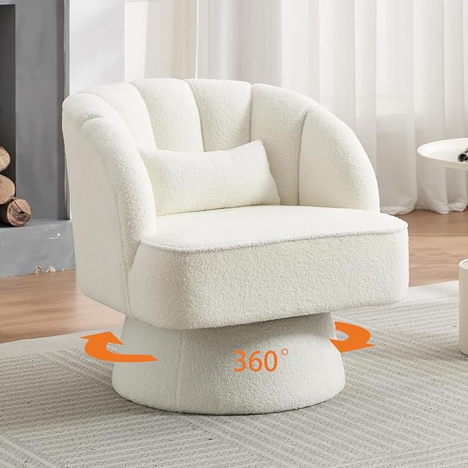 Mid Century Modern Swivel Barrel Chair - 360° Swivel Accent Chair with Plush Teddy Fleece Upholstery &amp Wide Cushioned Seat Round Lounge Sofa Chair for Living Room Bedroom Office (Beige 2 PCS)