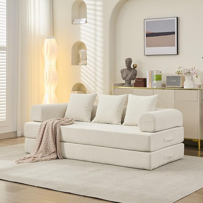 3 in 1 Convertible Futon Sofa Bed Modern King Size Chenille Loveseat Sleeper Sofa Folding 3-Seater Foldable Lounger Couch Bed for Living Room Bedroom Guest Room (Beige 3 Throw Pillows)