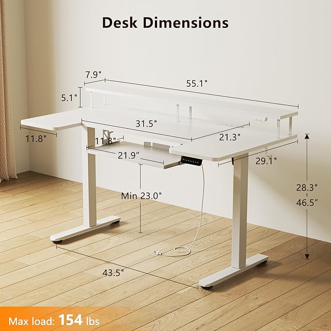 OffiGo U Shaped Electric Standing Desk with Keyboard Tray 55 Inch Height Adjustable Desk with Power Outlets &amp LED Lights Sit Stand Table with Monitor Stand for Home Office White