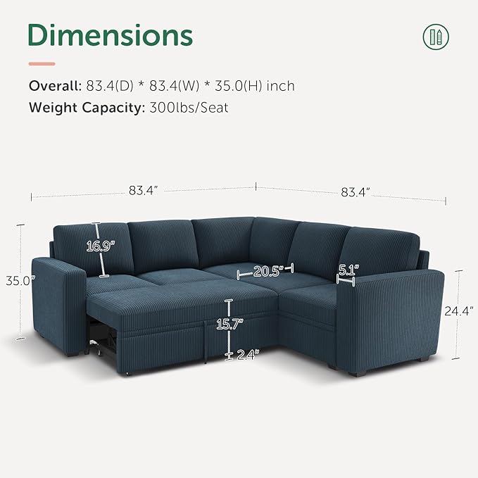 HONBAY Modular Sectional Sleeper Couch with Pull Out Bed Corduroy L Shaped Sofa with Storage Convertible Sectional Couches for Living Room Blue