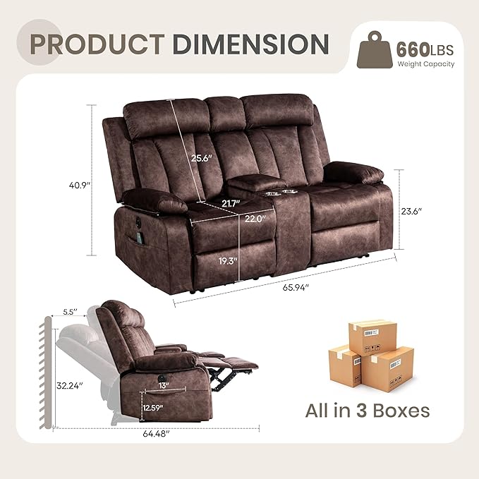 Power Reclining Loveseat with Heat &amp Massage Dual Recliner Sofa with Console Cup Holders USB &amp Type-C Ports 2 Seater Electric Reclining Couch for Living Room RV (Brown 2 Seat)
