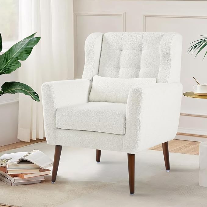 Modern Accent Chair Upholstered Arm Chair with Waist Pillow Single Sofa Chair for Living Room Bedroom Small Spaces (White)