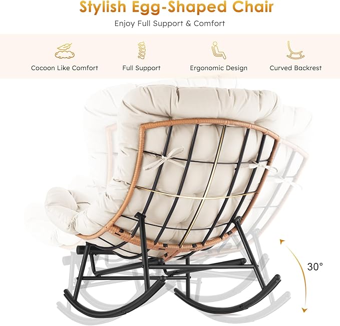 GAOMON Papasan Rocking Chair with Foot Rest Papasan Chair with Thick Removable Cushion and Metal Frame Lounge Chairs and PE Rattan Rocker for Patio Garden Lawn Living Room and Relaxation Space