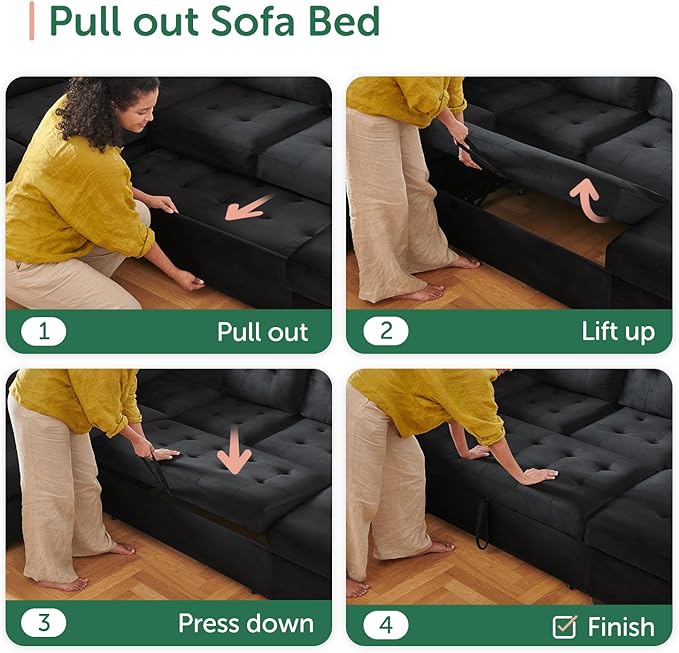 HONBAY Sectional Sleeper Sofa with Pull Out Bed Sleeper Sectional Couch for Living Room Sleeper Sofa Bed with Storage Chaise Velvet Black