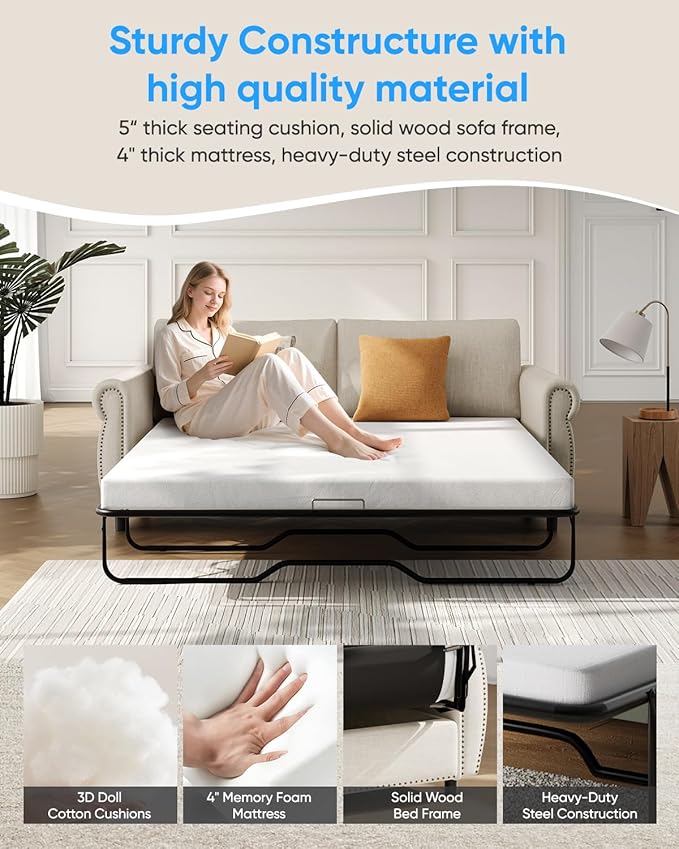 2 in 1 Sofa Bed Queen Size Linen Fabric Pull Out Couch with Folding Foam Mattress Convertible Loveseat Sleeper Sofa with Nailhead Trim for Living Room Bedroom Apartment-Beige