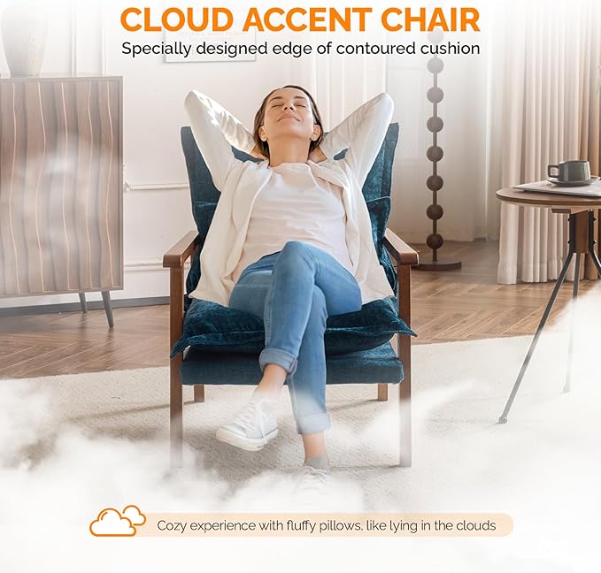 VINGLI Mid-Century Modern Cloud Accent Armchair with Lumbar Pillow 6.3'' Thick Seat Cushion Comfortable Reading Chair with Wooden ArmrestsBoho Lounge Chair for Bedroom Living Room Chenille Teal